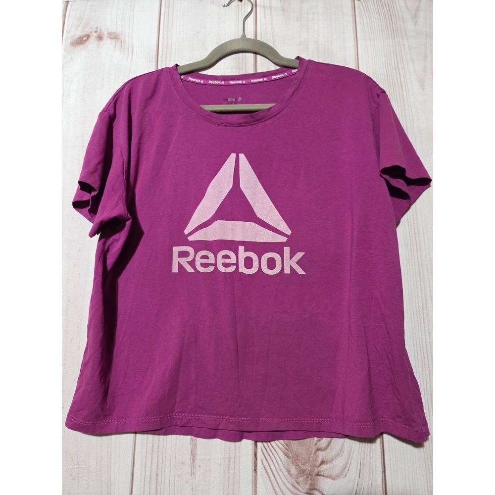 Reebok Womens Magenta Purple Delta Logo Graphic T-Shirt Size Large Short Sleeve